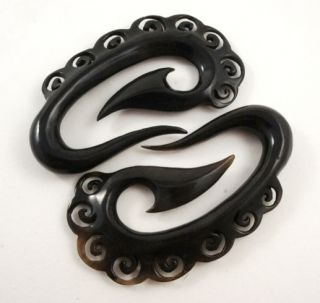 Pair Black Hand Made Horn Expander Floral Spiked Plugs Gauges Earring 