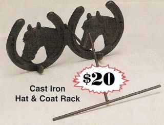 Cast Iron ~ Wall HAT & COAT RACK ~ Horse Head, Horseshoe, Cowboy 