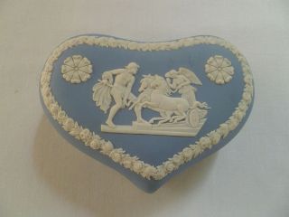   Jasperware Blue Heart Shaped Trinket Box Horse Chariot Flowers