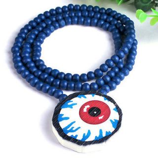 Round Evil Eye Wooden Pendant Natural Wood Beads Hiphop Necklace Chain 