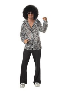 Mens 60s 70s Disco Silver Groovy Hippie Shirt & Afro Wig Costume