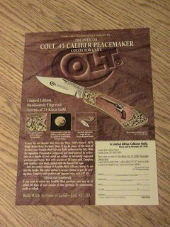 1998 COLT 45 CALIBER PEACEMAKER ADVERTISEMENT GUN KNIFE AD GOLD 