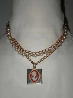 ARTISAN GOLD MULTI STRAND CAMEO AND FAUX PEARL NECKLACE UPCYCLED 