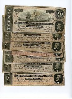 SEVEN) 1864 $20 Confederate Bills all above average; from a new 