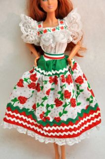 Clothing Barbie White Red Green Rose Mexican Barbies Dress