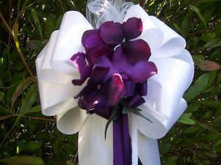12 White (Silver or Ivory) Wedding Pew Bows*Deep Dark Purple Hydrangea 
