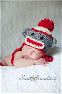 Crochet sock monkey hat. Many sizes. Newborn photo prop