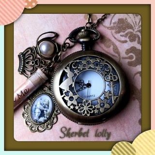 Vintage style Pocket Watch,alice Wonderland necklace,steampunk,drink 
