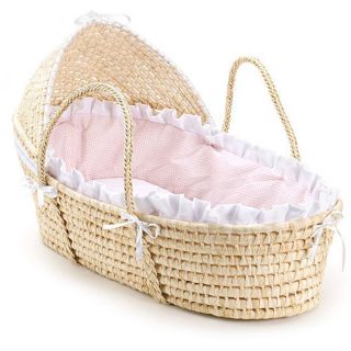 Natural Hooded Moses Basket with Pink Gingham Bedding   Pink Gingham