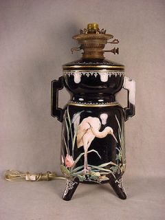 1880 BEST AESTHETIC OIL LAMP~BLACK GLASS w/HUGE ENAMEL EGRETS 