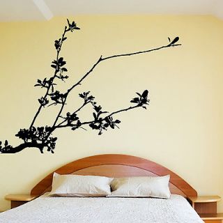 PRETTY TREE BRANCH WALL STICKER VINYL DECAL WITH FLOWERS LEAVES 