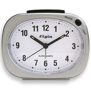 Elgin 3640E Battery Operated Silver Tone Analog Bedside Alarm Clock