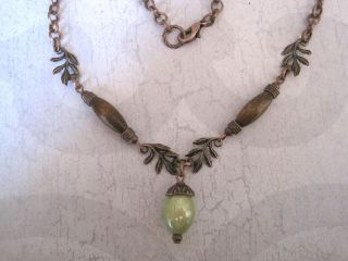   OAK LEAVES* Copper Tone Wood Bead Necklace 17 inch chain GIFT POUCH