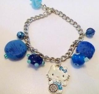 Handcrafted Hello Kitty Tennis Player Blue Beaded Charm Bracelet