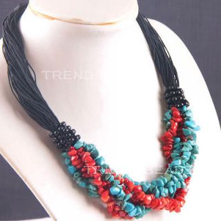   Red Sea Coral Mixed Chip Bead Nylon Line Weave Necklace Gemstone PE720