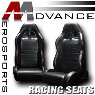 2x PVC Leather Black & Red Stitch Reclinable Racing Bucket Seats 