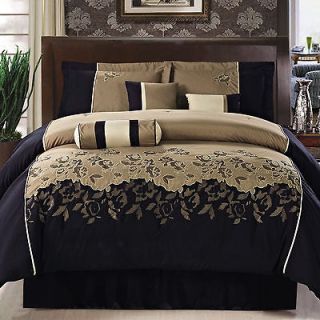   Black Coffee Peony Embroidery Comforter Set Bedding QUEEN Bed in a Bag