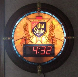   Style Beer Illuminated Round Stain Glass Look Digital Clock Pub Sign