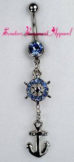Nautical Wheel and Anchor Dangle Belly Ring Bar Blue CZ Boat Navel 