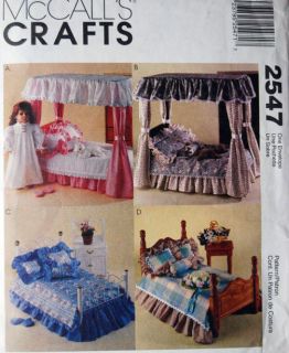 McCalls 2547 18 DOLL BEDROOM BED ENSEMBLES & NIGHTGOWN SLIPPERS SEW 