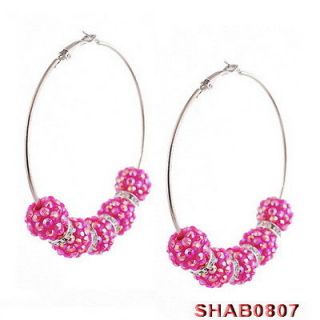   Shinny Party Rhinestone Ball Beads 925 Silver Hoop Earrings Eardrop