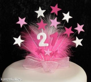 PINKS & WHITE STAR BIRTHDAY CAKE TOPPER WITH FEATHERS 18th 21st 30th 