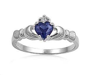 Claddagh Sterling Silver Ring Sapphire with Clear CZ Sizes 4 10
