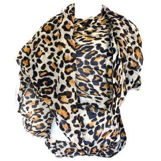   Light Crinkled Scarf Wrap Leopard Animal Print See Through Tan Brown