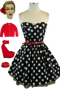 50s Style BLACK & White POLKA DOT Strapless BUSTIER PINUP Party Dress 