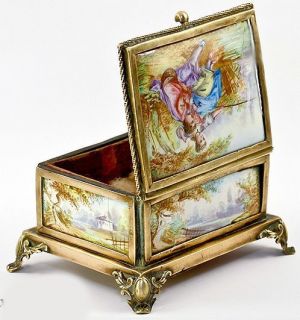   Viennese or French Kiln Fired Enamel Jewelry Casket, 5 Perfect Plaques