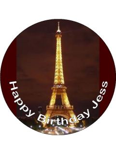 Eiffel tower Birthday Cake Topper Round 7.5 Pre Cut Personalised Icing 