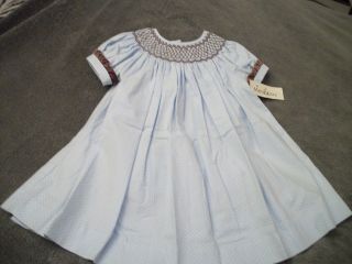   THREADS BLUE W/ TINY WT. POLKA DOTS SMOCKED BISHOP HEIRLOOM BOUTIQUE