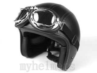 Black Leather Harley Open Face Helmet Motorcycle Motorbike Scooter