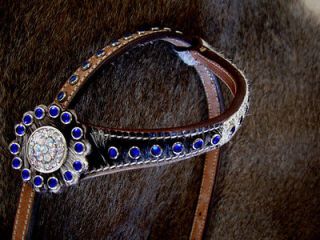   WESTERN LEATHER HEADSTALL BLUE BARREL RACING HAIR ON BLING TACK HB9