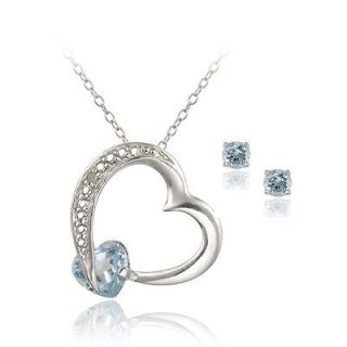   Silver 2ct Blue Topaz & Diamond Floating Heart Necklace & Earrings Set