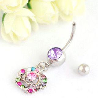   12P Rose Flower Navel Button Ring Bar Piercing Dangle Body Jewelry