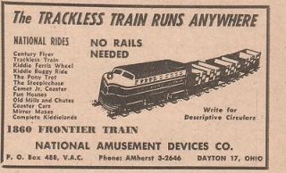 National Amusement Device Co Dayton Ohio 1960 Ad  Trackless Trains run 