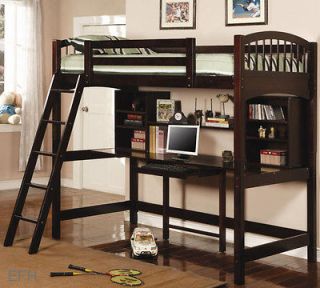 NEW CAPPUCCINO FINISH WOOD TWIN BUNK BED LOFT COMPUTER WORKSTATION 