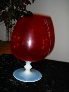 Large Ruby Red & White Opalescent Art Glass Brandy Snifter Vase