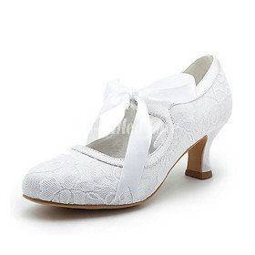   Satin Upper Mid Heel Closed toe With Ribbon Tie Bridal Wedding Shoes