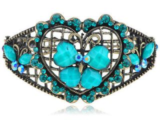   Blue Zircon Crystal Rhinestone Heart Jeweled Butterfly Bracelet