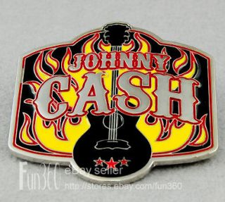 Western Johnny Cash Flaming Guitar Metal Buckle Genuine Leather Belt 