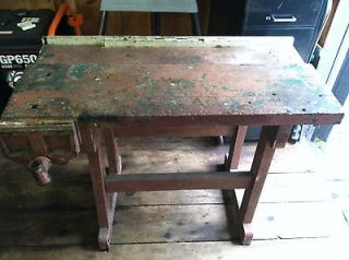 Antique wooden work bench table with vise / carpenters work bench
