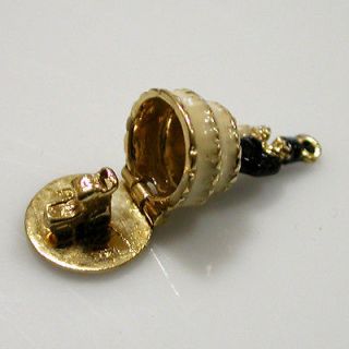 14k gold Enamel Wedding Cake Vintage 3D Charm ~ Opens to Baby Carriage