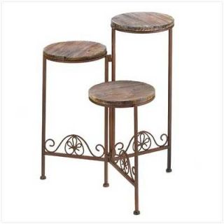 Rustic Three Tier Wood and Iron Folding Patio Plant Stand Screen Rack
