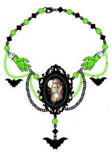   Brand Ms Troxins Cameo Necklace Zombie Girl Cameo Zombie Hands w/Beads
