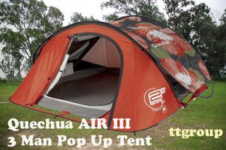 Quechua Waterproof Pop Up Camping Tent 2 Seconds AIR III, 3 Man Orange 