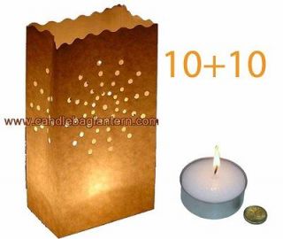 10+10 Sun Ray Nova White Paper Bag Lanterns +Giant Tea Light Candles 