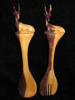 African Gazelle or Antelop Wood Salad Spoon and Fork Utensils