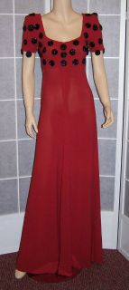 VINTAGE LATE 1930s RED CREPE BLACK BEADED FITTED EVENING GOWN~FASHION 